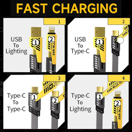 4 IN 1 Multi-function Super-Fast USB Charging Cable,C Cable, Metal Cable, Braided Cable 168W USB C USB A, Gold Plated 128W, USB Charging Cable